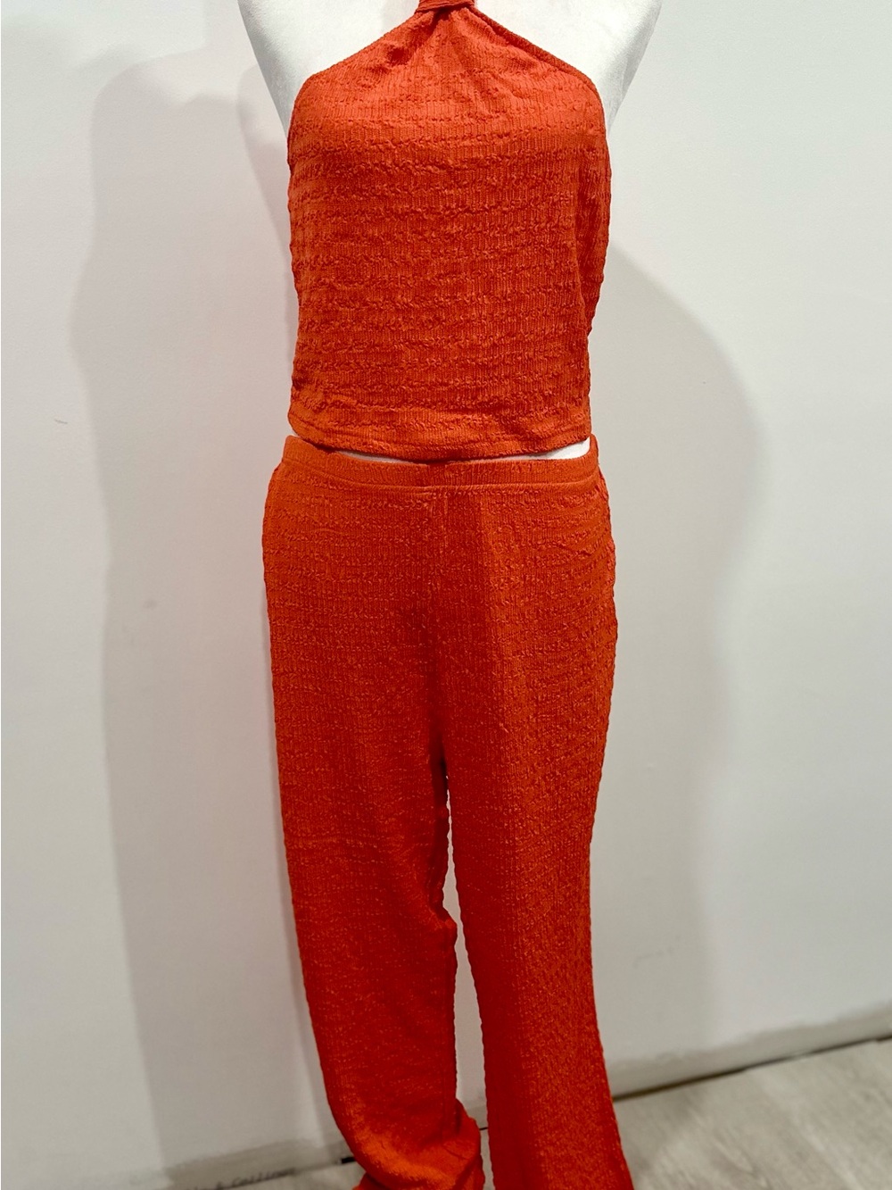 Fashion Nova Orange Textured Halter Crop Top & Wide-Leg Pants Set